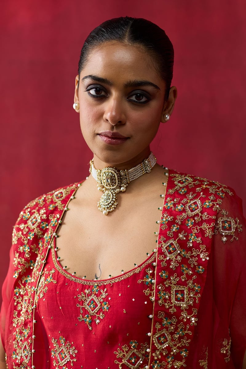 Red Embroidered Cape, Blouse and Sharara Co-ord Set