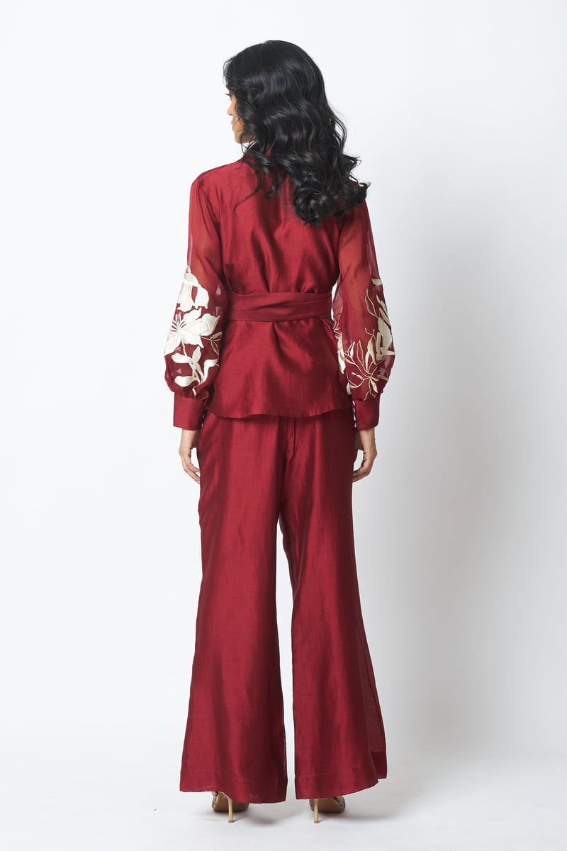 Burgundy Wrap Blazer Top and Wide-Leg Pants Co-ord Set