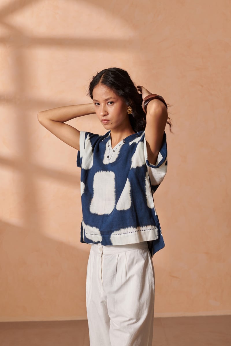 Indigo Brush-Painted Check Drop-Shoulder Cotton Top