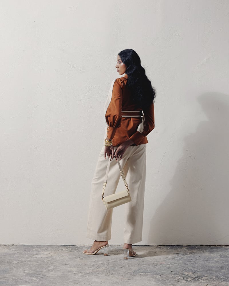 Rust and Cream Colorblocked Denim Shirt with Belt