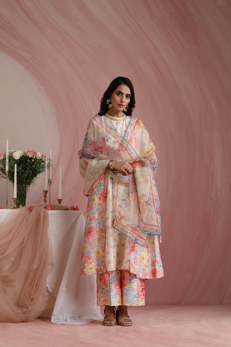 Ivory Floral Printed A-Line Kurta Set with Wide-Leg Trousers