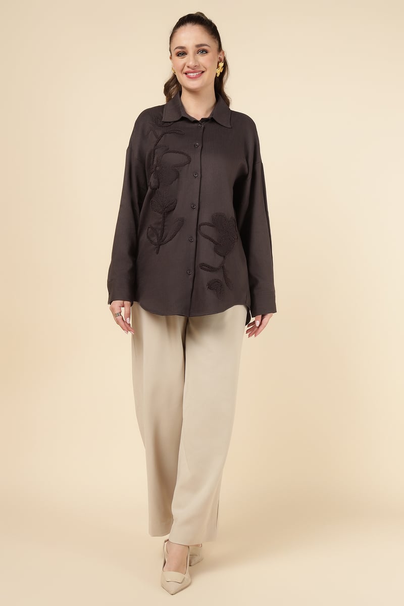 Kahve Brown Tonal Floral Embroidered Button-Down Shirt