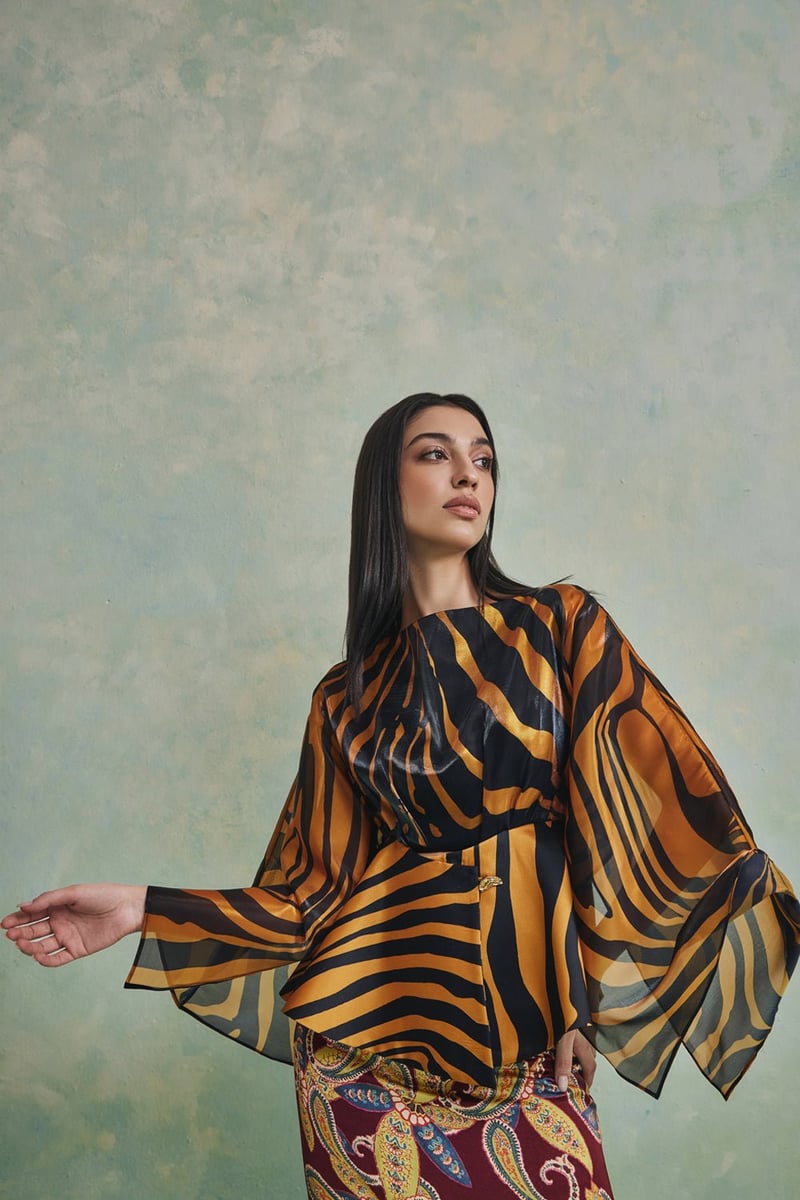 Black/Yellow Zebra Print Cape Sleeve Flared Top