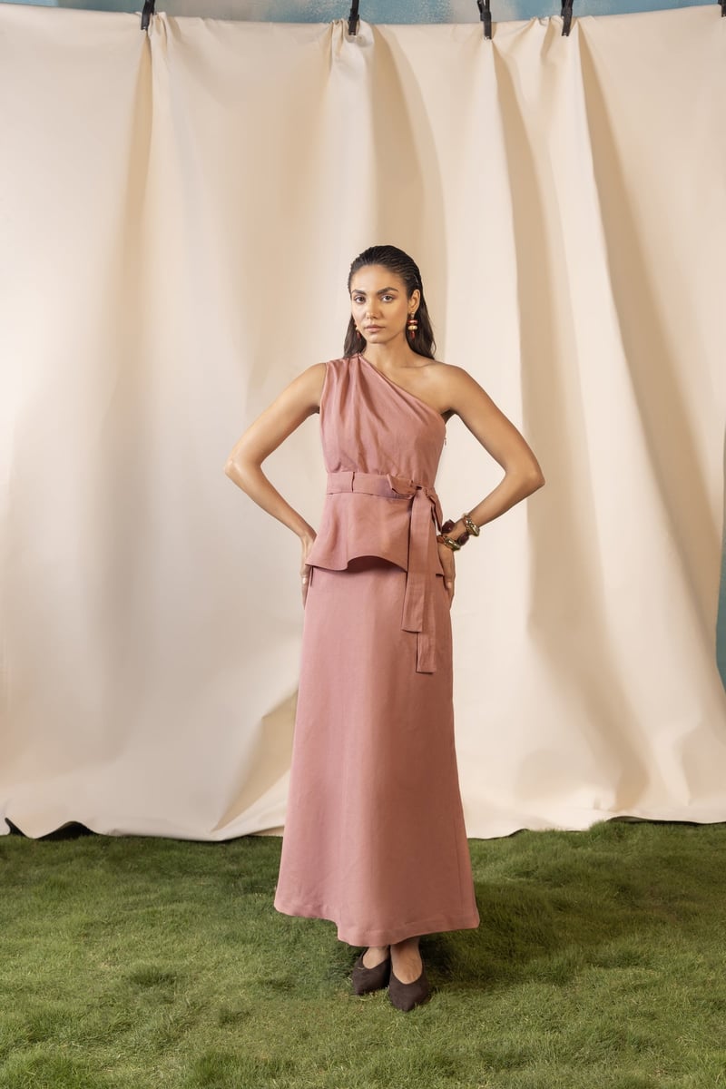 Dusty Rose One-Shoulder Peplum Top and Maxi Skirt Set — House of Araish