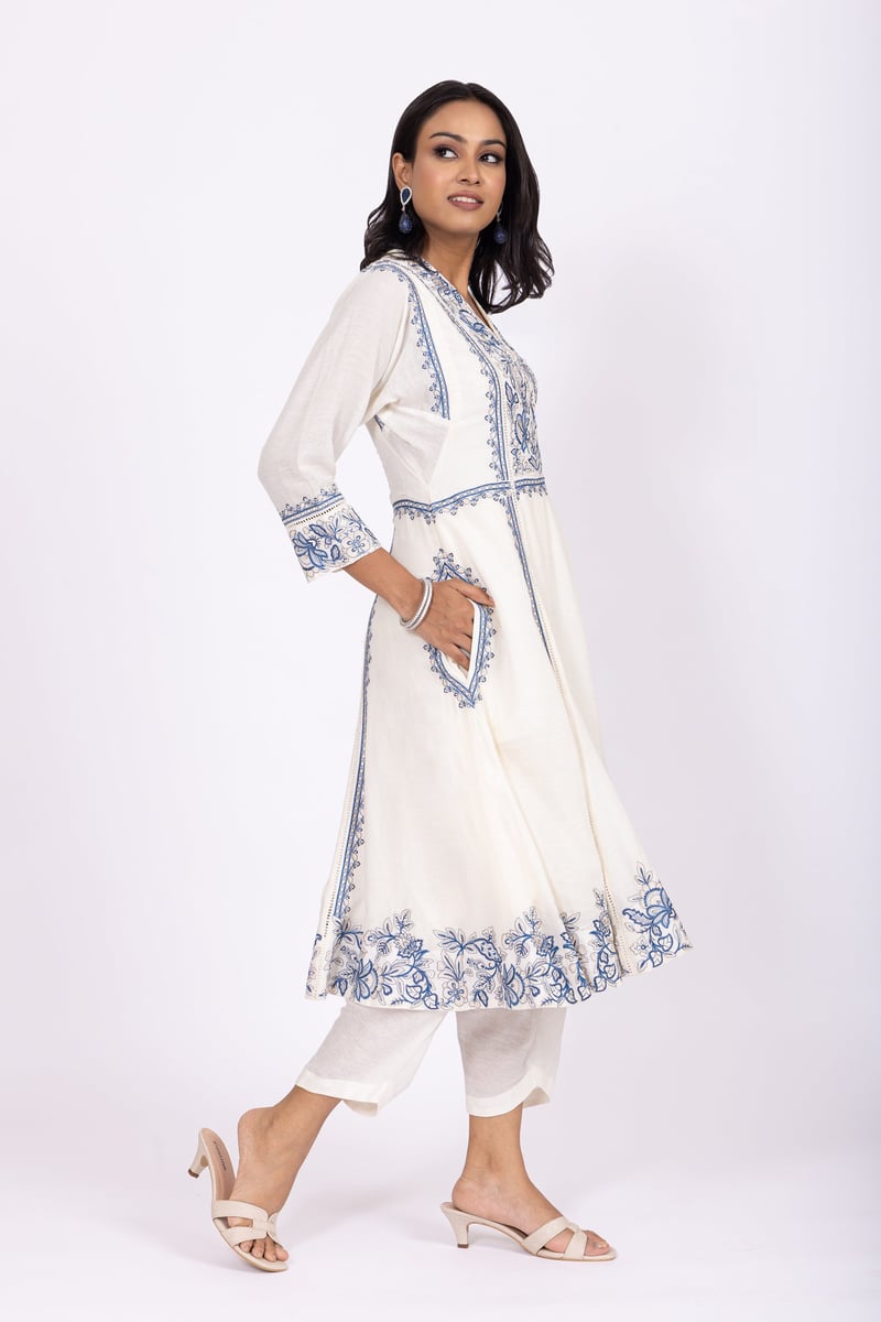 Ivory Linen A-Line Embroidered Kurta Set with Dupatta