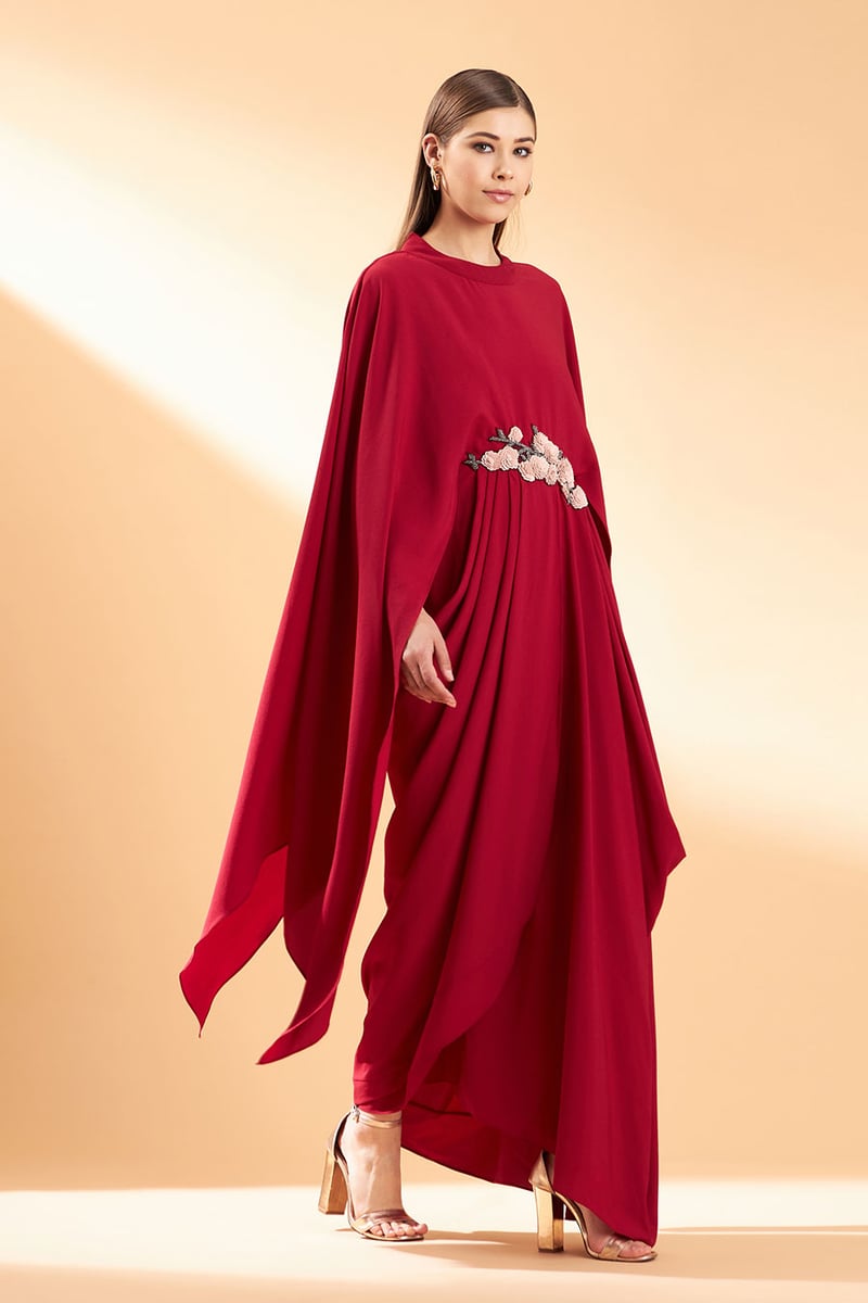 Maroon Maxi Cape Drape Dress with Sequin Embroidery