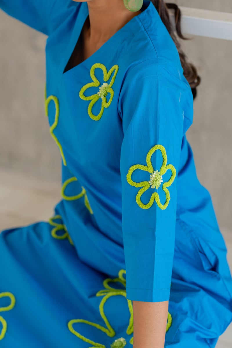 Blue Floral Cord-Embroidered Kurta Set with Pants