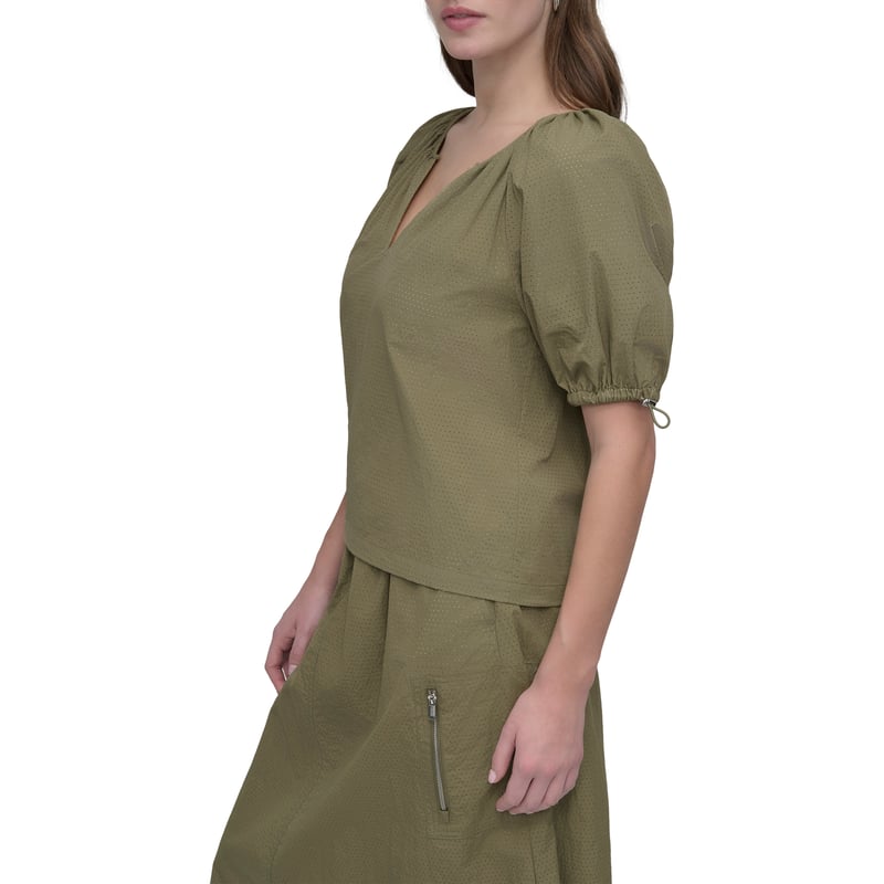Utility Green Perforated Nylon Puff Sleeve V-Neck Top