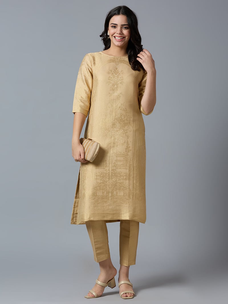 Navy/Gold Brocade Straight Kurta with 3/4 Sleeves