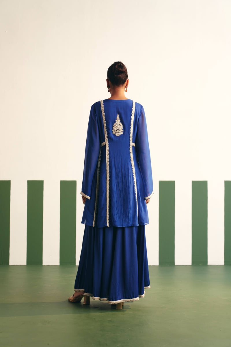 Cobalt Blue Embroidered Peplum Kurta Sharara Set