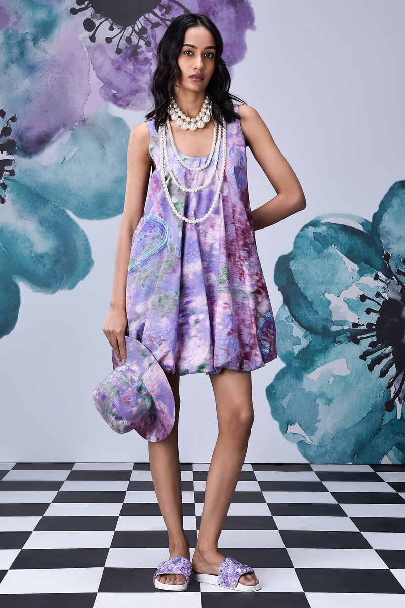 Lavender Abstract Print Mini Balloon Dress in Giza Cotton — Genes Lecoanet Hemant