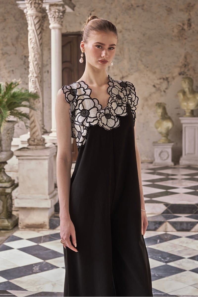 Black Monochrome Floral Applique Wide-Leg Jumpsuit