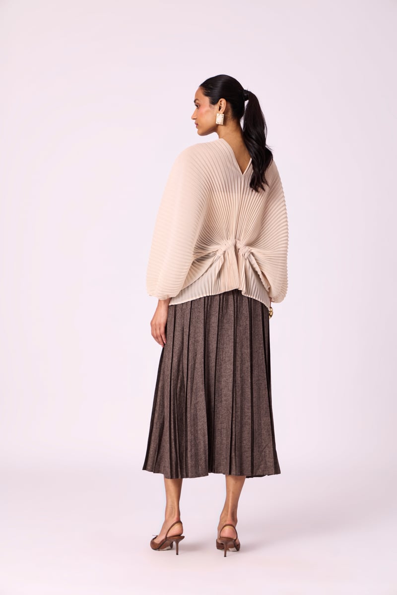 Cream Pleated Kaftan-Inspired V-Neck Batwing Top