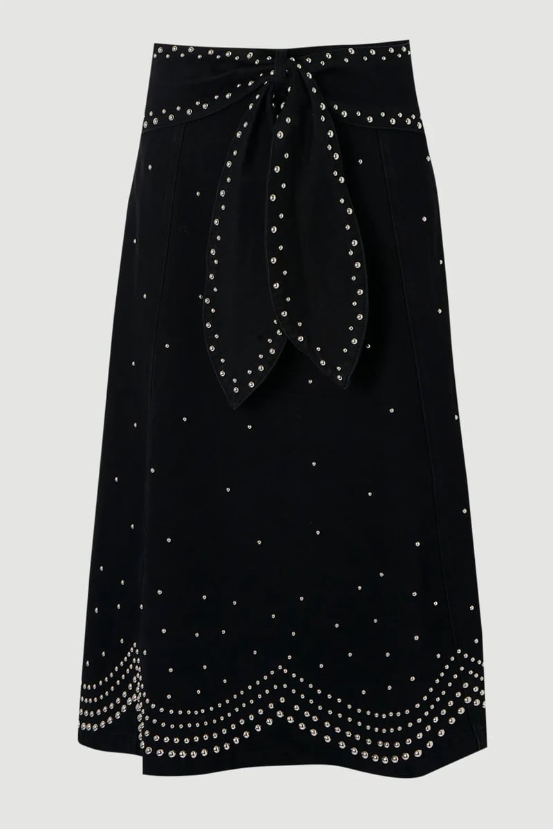 Black Stud-Embellished A-Line Midi Skirt