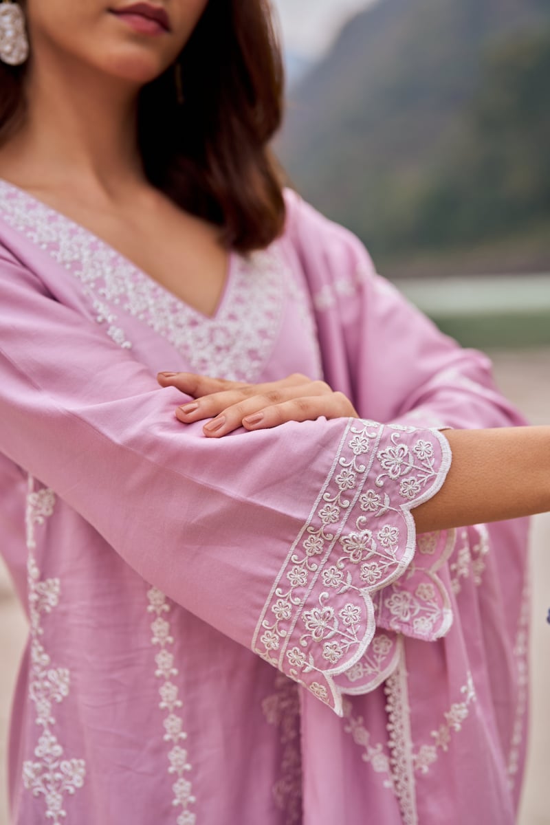 Lavender Cotton Embroidered Straight Kurta Set with Dupatta