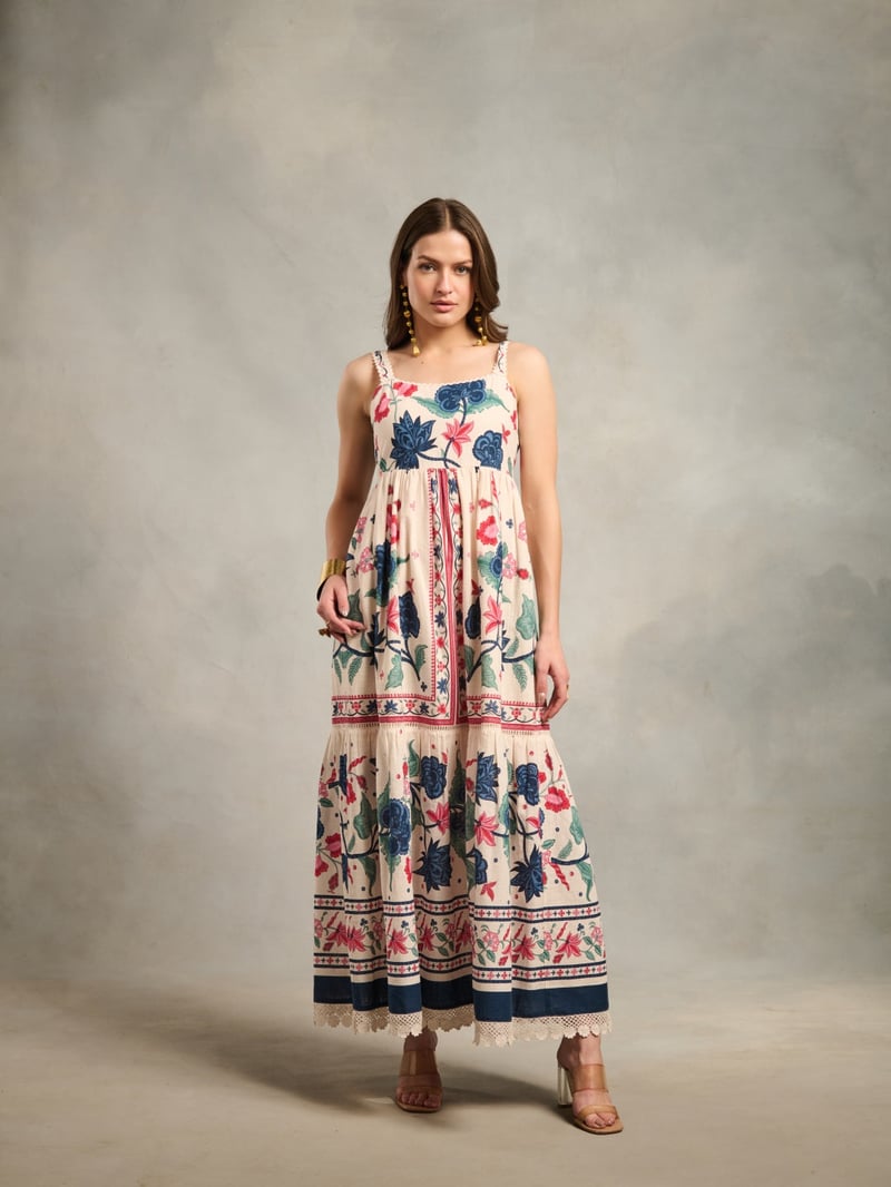 White Floral Printed Cotton Maxi Dress with Lace Trim