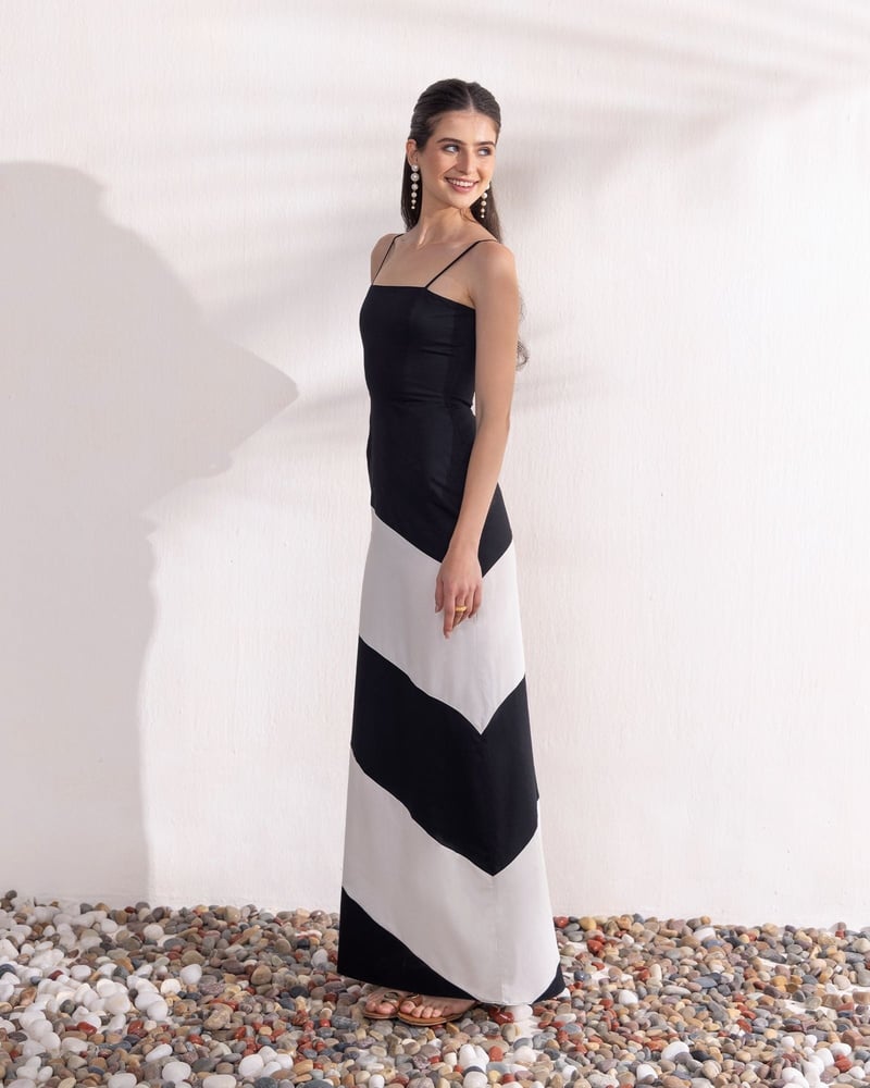 Black and White Diagonal Colorblock Strappy Maxi Dress
