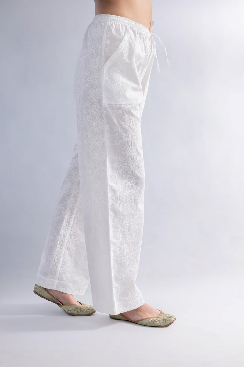White Cotton Schiffli Straight-Leg Trousers