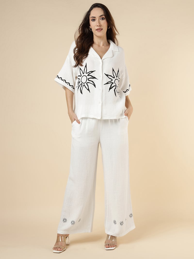 White Sun Motif Shirt and Wide-Leg Trouser Co-ord Set