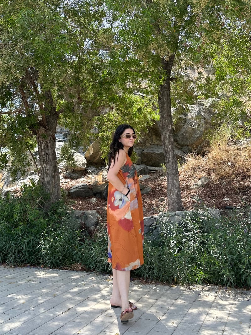 Rust Abstract Floral Printed Cotton Midi Dress with Pockets