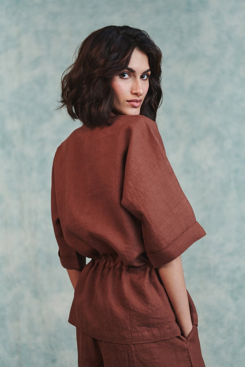Linen Drawstring Shirt & Pleated Tuck Pants Set