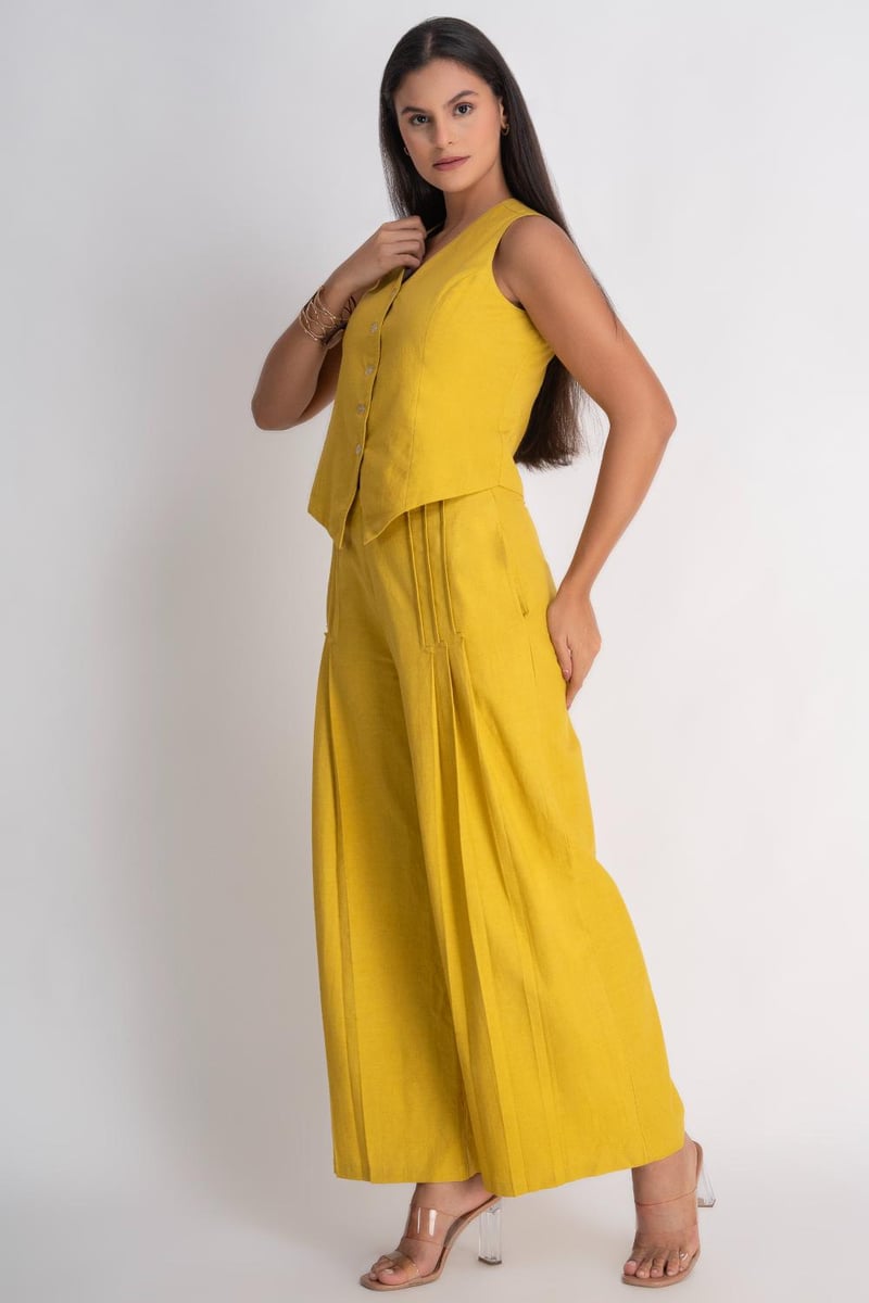 Mustard Waistcoat and Wide-Leg Pants Co-ord Set