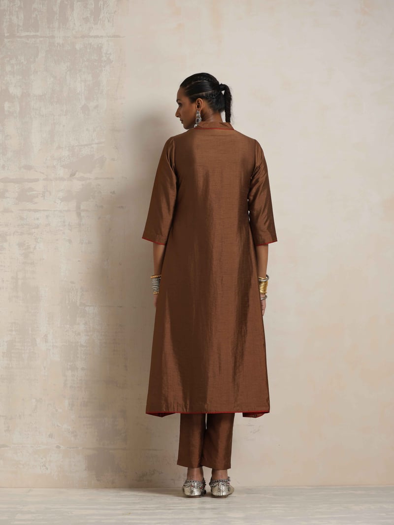 Brown Silk Blend A-Line Kurta Set with Pants