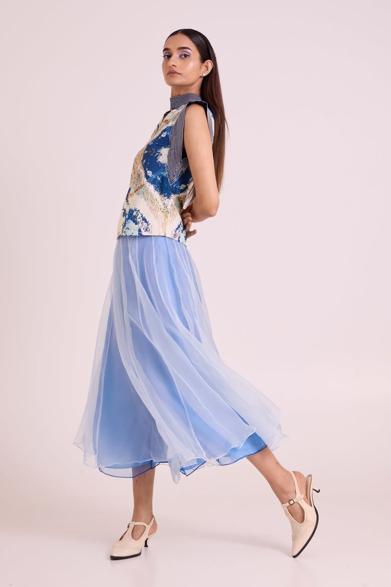 Ice Blue Printed Top and Divided Skirt Co-ord Set