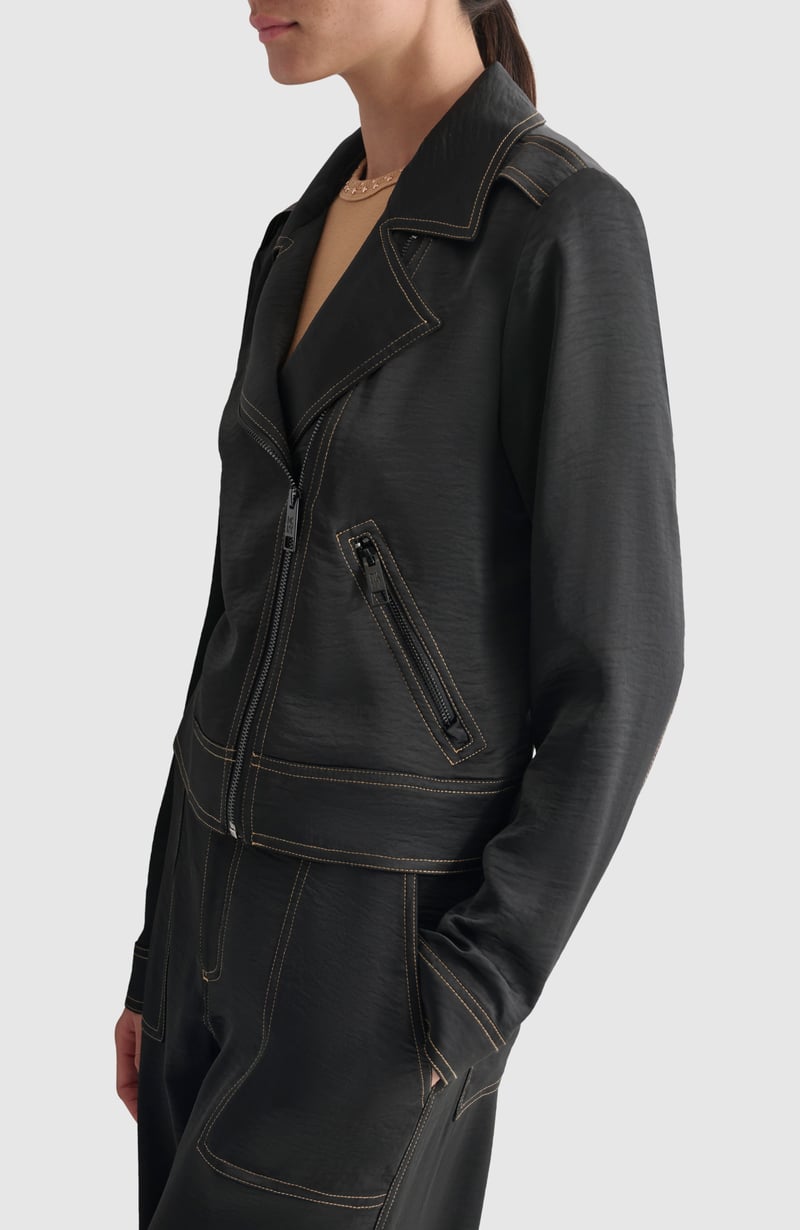Black Cropped Zip-Front Lapel Collar Jacket