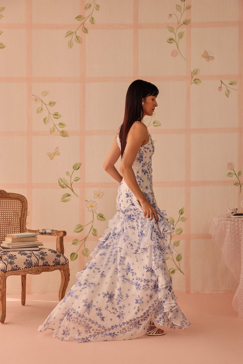 White and Blue Floral Ruffle Maxi Dress
