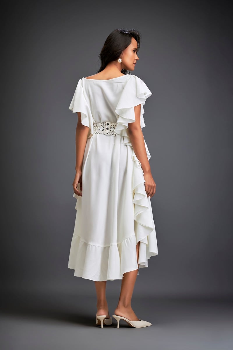 Asymmetrical Off-Shoulder Dress And Metallic Waist Belt