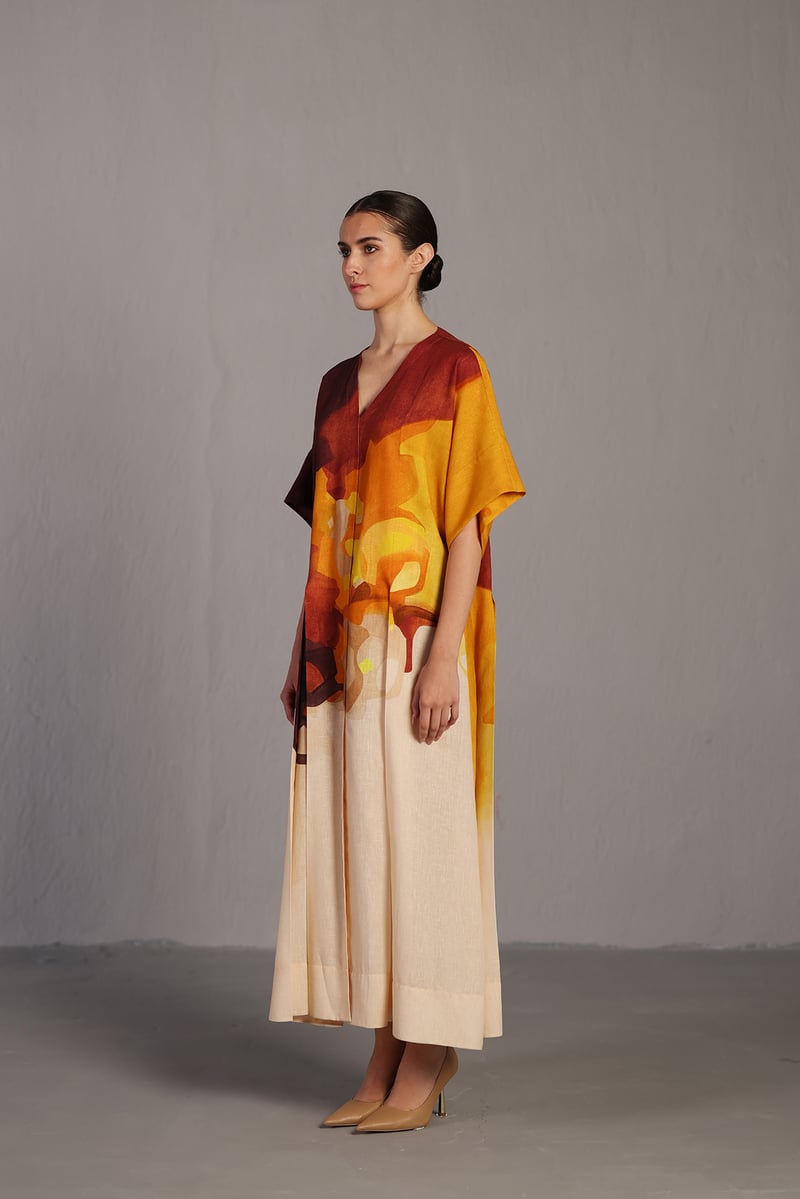 Ochre Abstract Printed Linen Maxi Dress