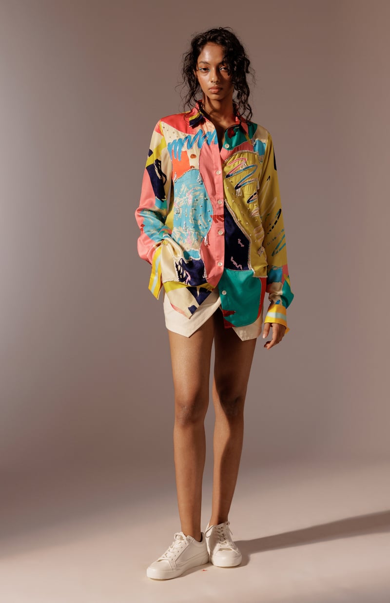 Multicolour Abstract Printed Satin Shirt with Embroidery