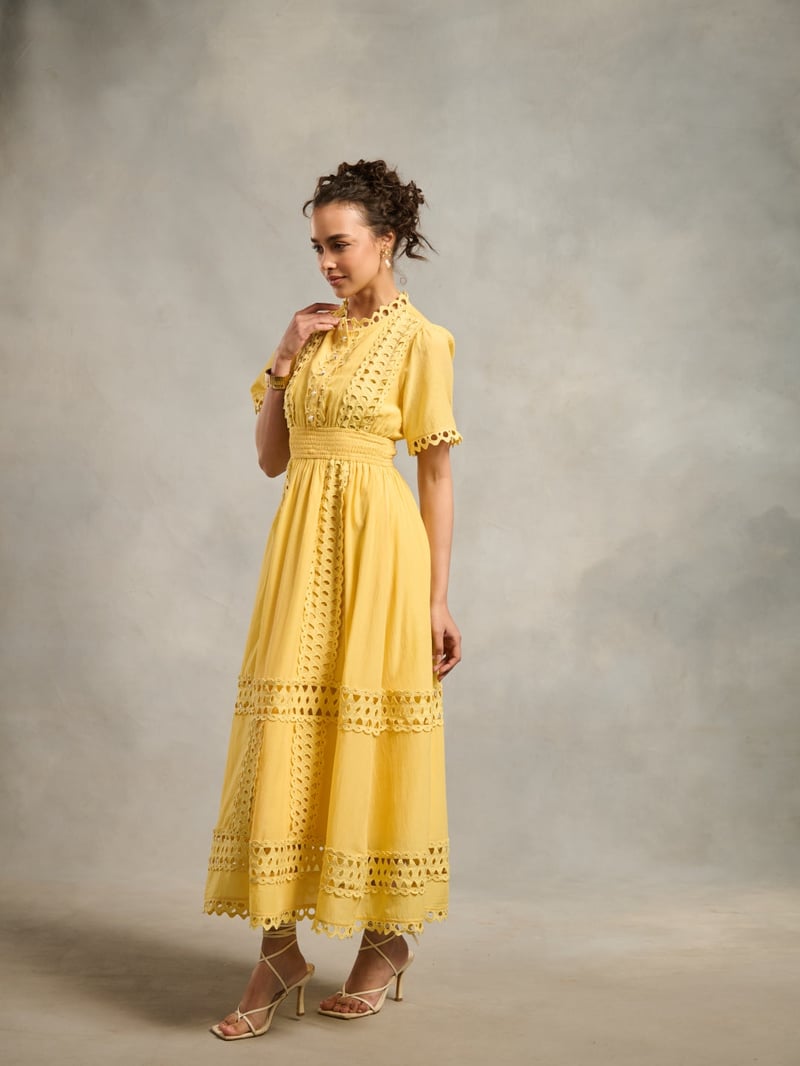 Yellow Lace Cutwork Fit and Flare Maxi Dress