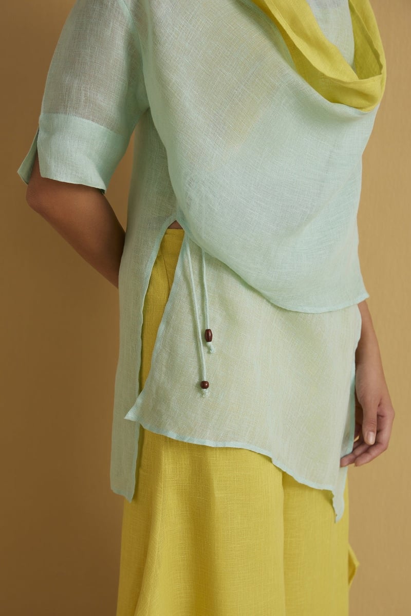 Aqua Gauze Linen Cape with Yellow Contrast Panel