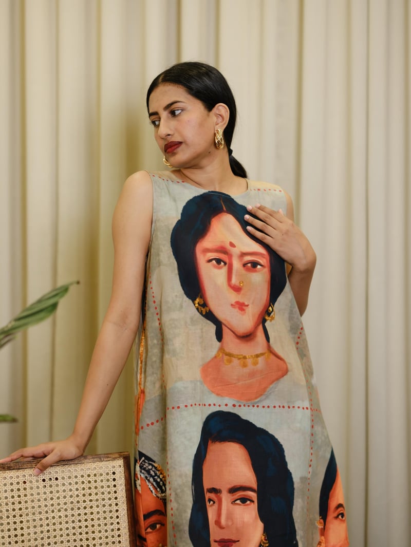 Multicolor Linen-Cotton Graphic Print Shift Mini Dress