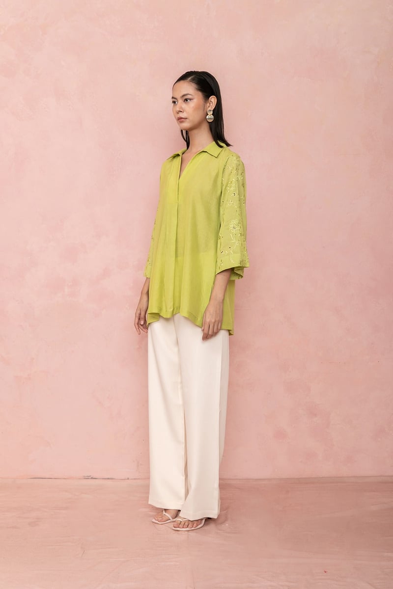 Bright Green Shirt with Embroidered 3/4 Sleeves