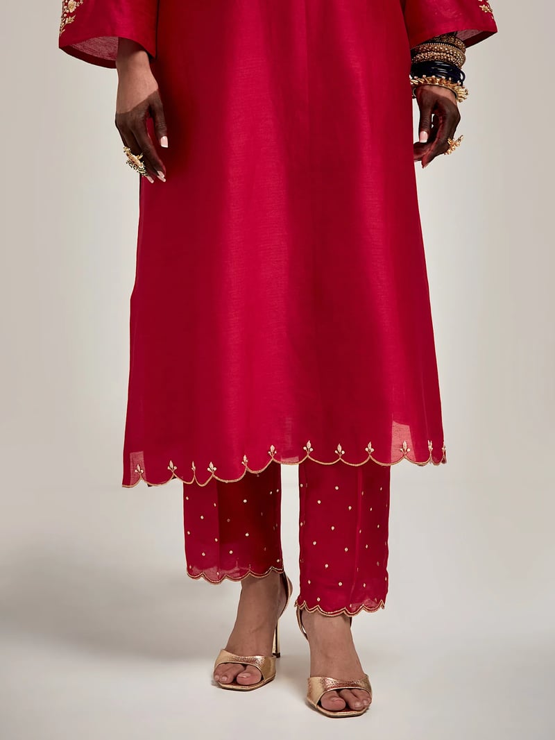 Red Silk Chanderi Embroidered Straight Kurta