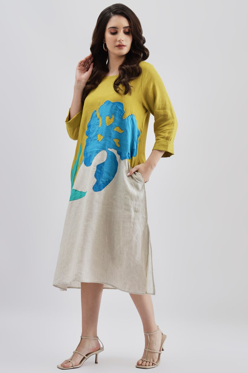 Lime Linen A-Line Midi Dress with Statement Applique
