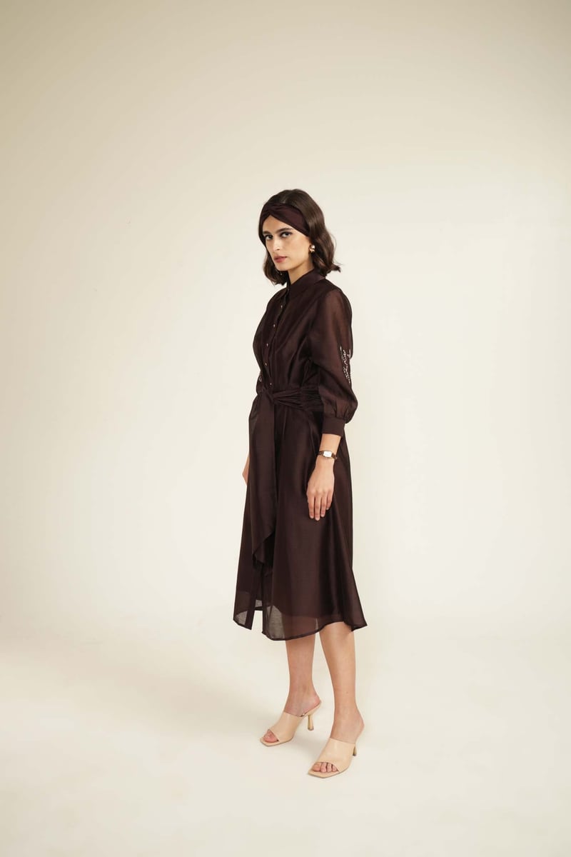 Grape Silk Chanderi Midi Shirt Dress With Hand Embroidery