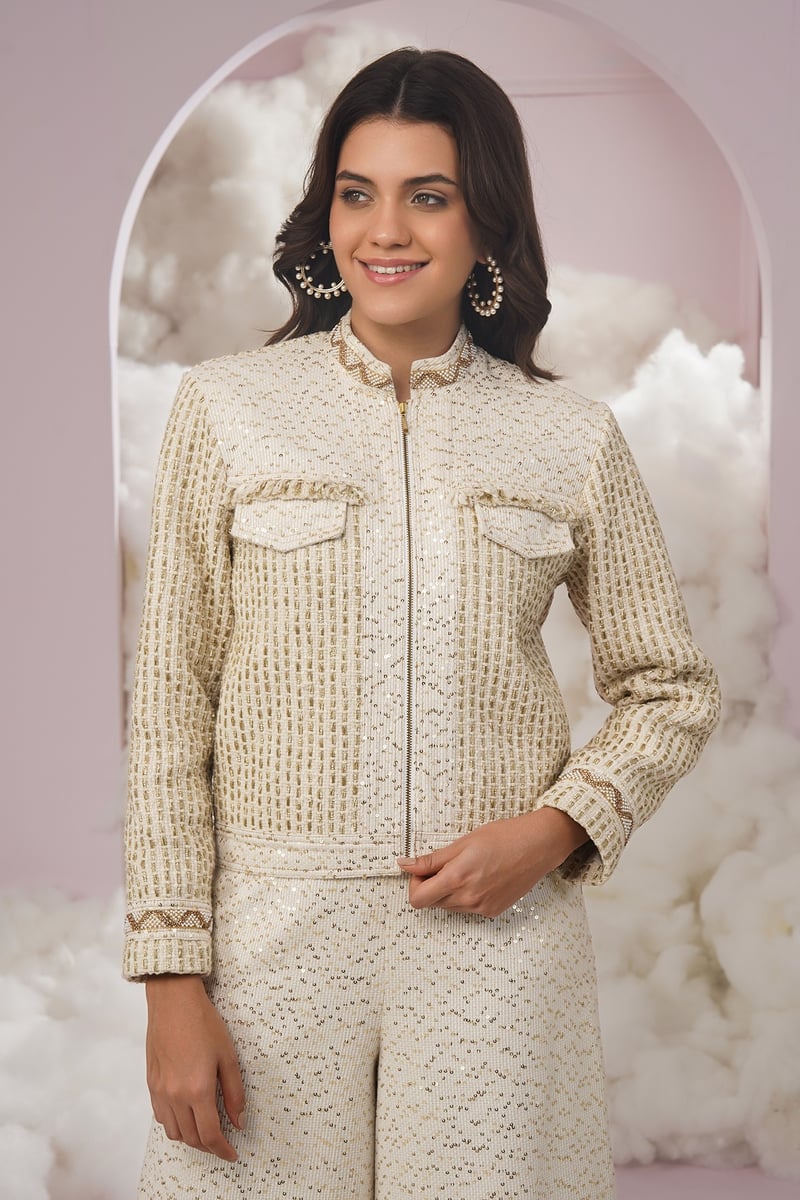 White and Gold Embellished Cropped Zip-Front Jacket