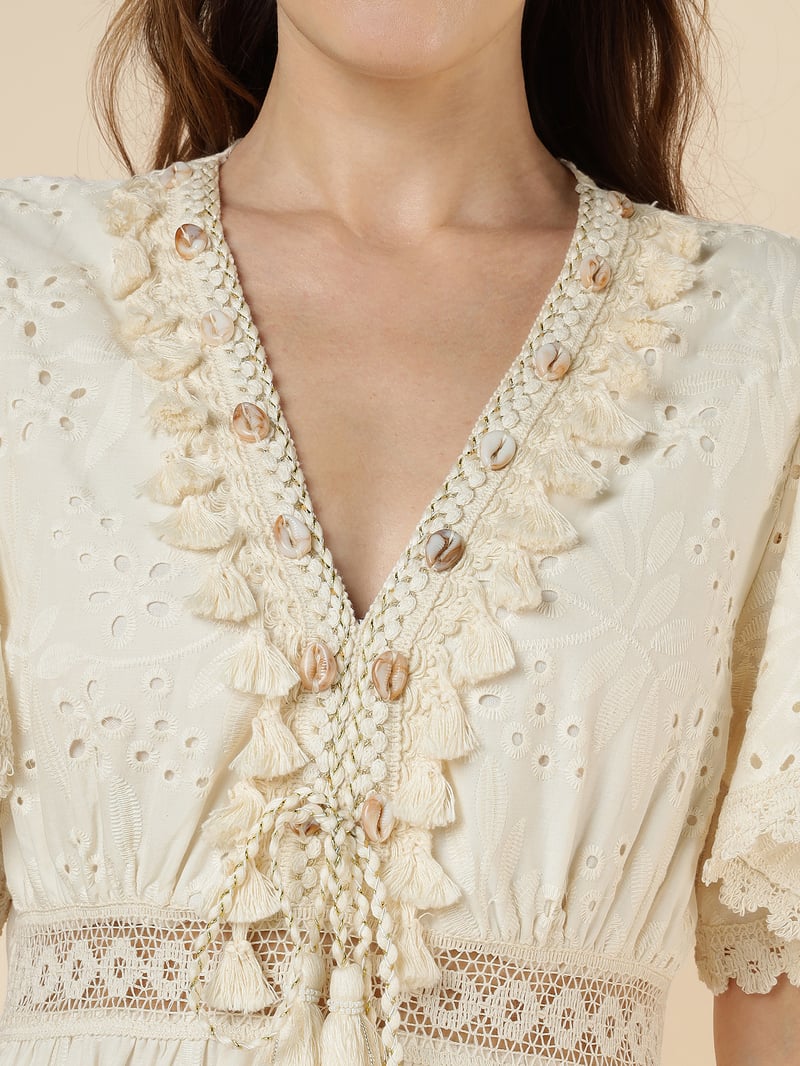Natural Beige Cutwork Tiered Maxi Dress