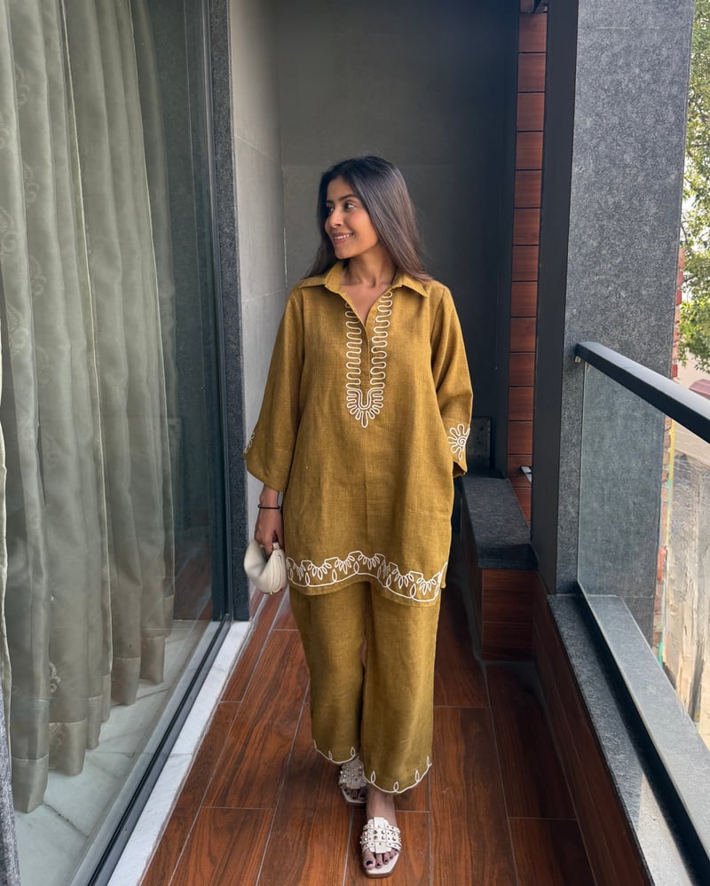 Golden Mustard Cotton Linen Co-ord Set with Dori Embroidery
