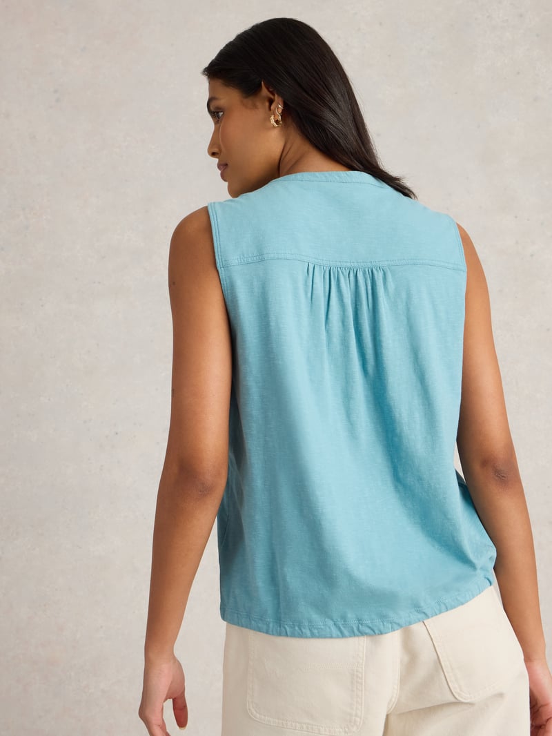 Mid Blue Sleeveless Embroidered Shirt with Hem Tie
