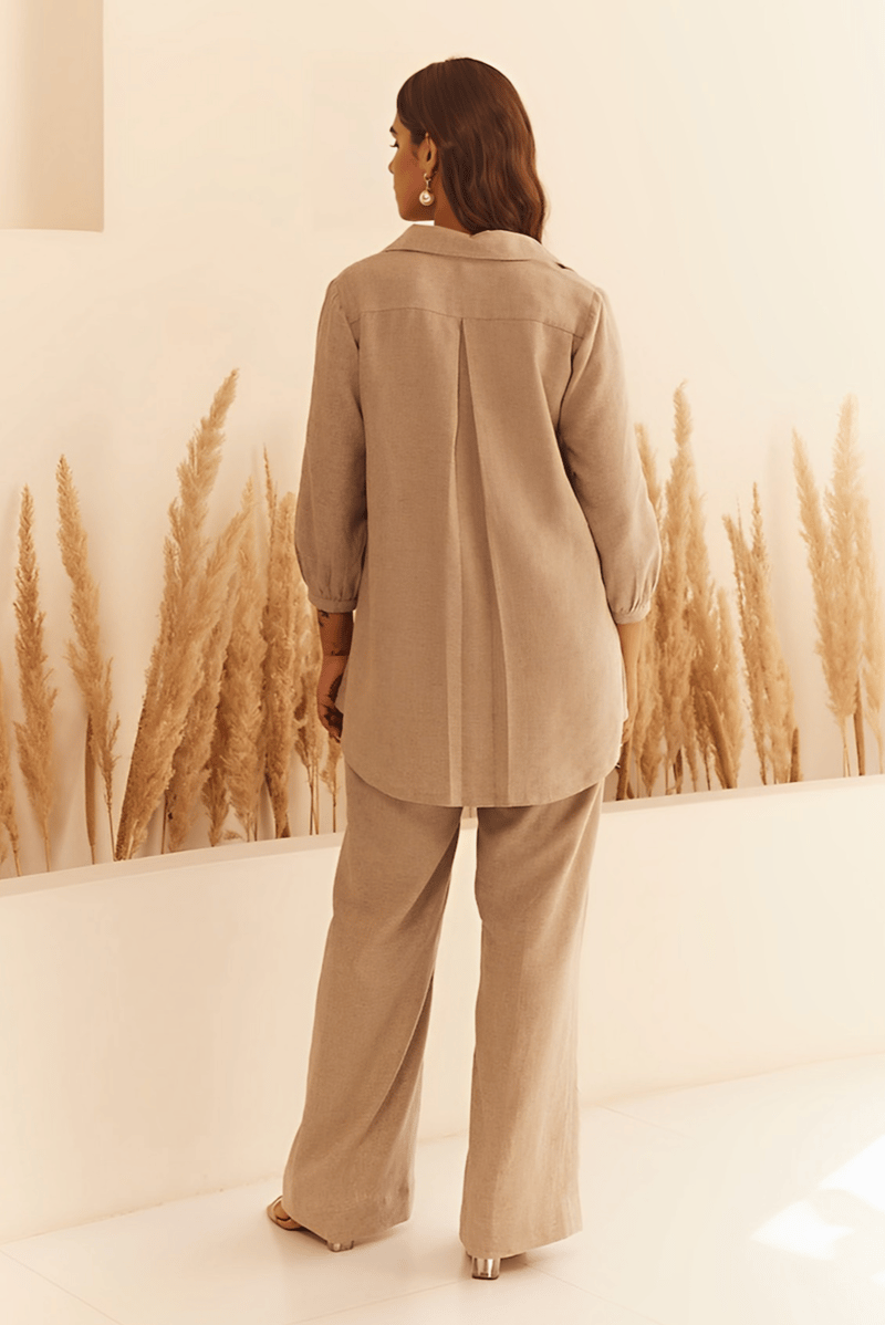 Beige Linen-Viscose Shirt and Pants Co-ord Set