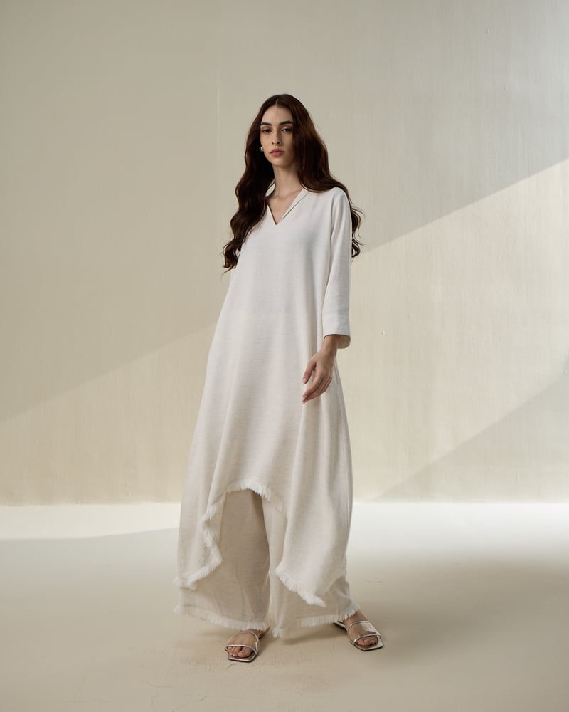 Natural Linen V-Neck Co-ord Set with Wide-Leg Pants