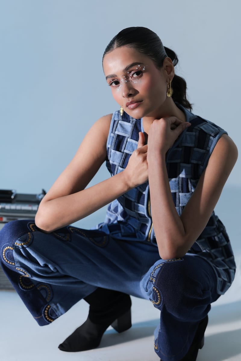 Blue Denim Basket-Weave Jacket and Wide-Leg Co-ord Set