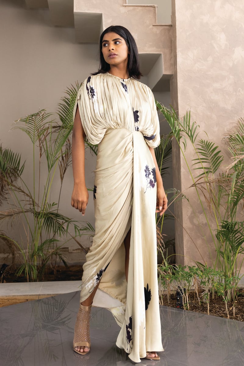 Ivory Floral Print Draped Maxi Gown