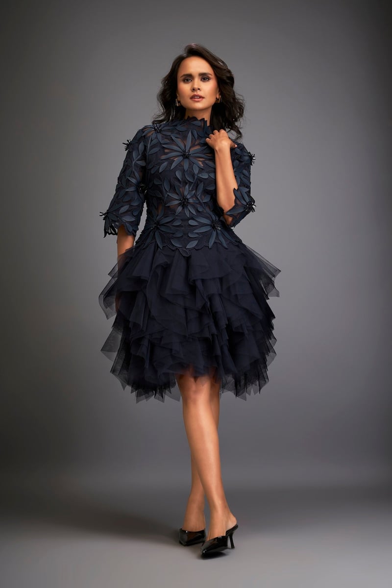Navy Blue Floral Applique Fit and Flare Knee-Length Dress