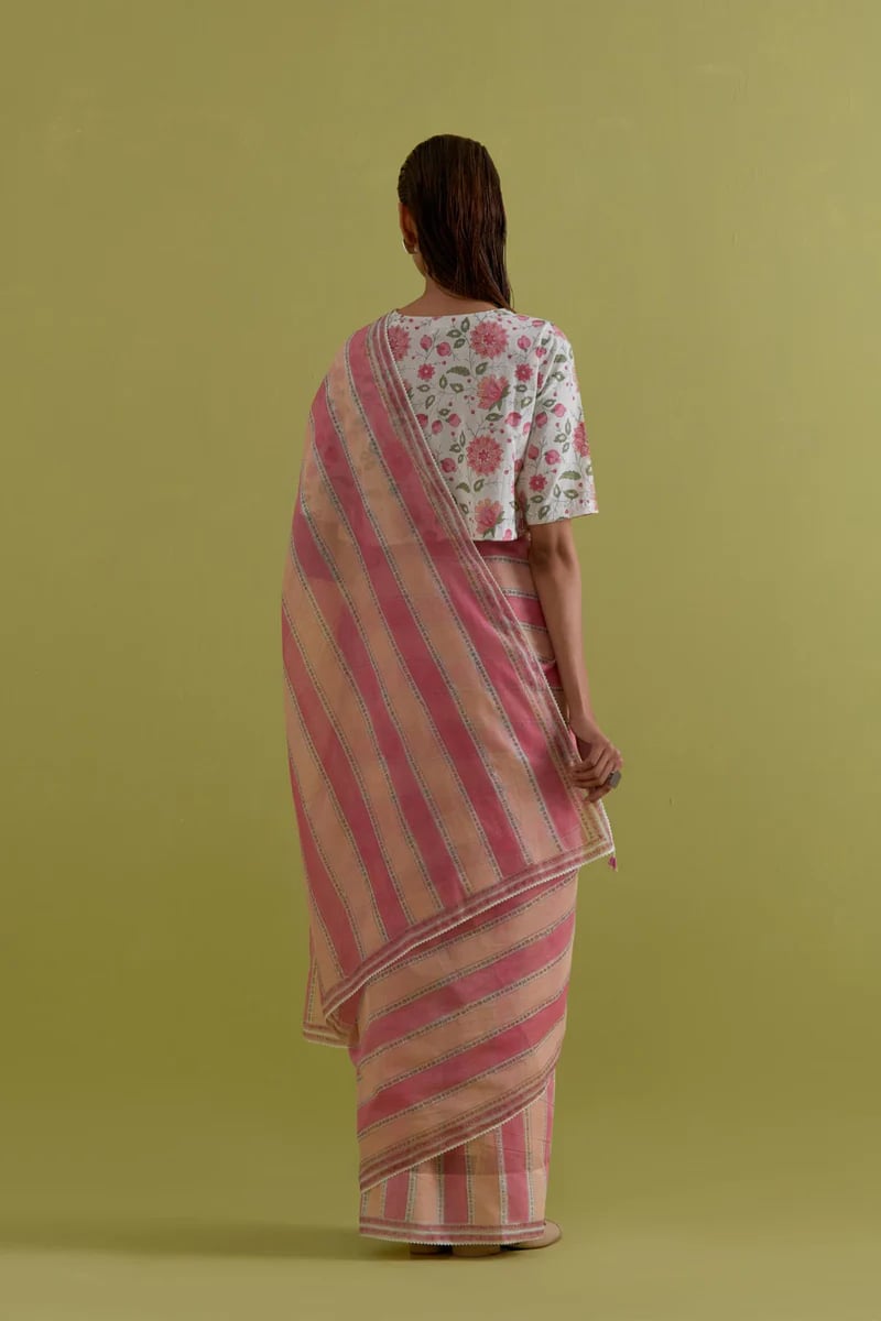 Peach Pink Cotton Chanderi Saree Highlighted